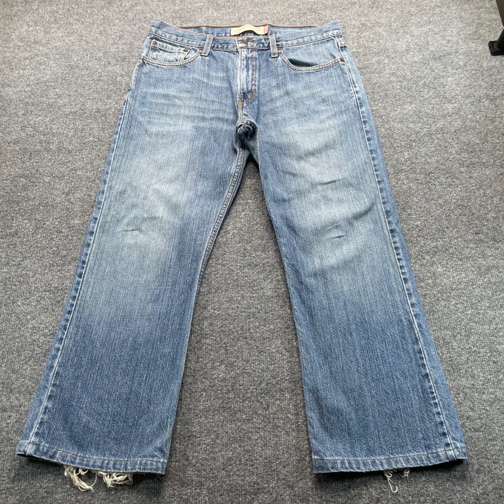 Levi 527 Low Boot Cut Jeans Men 34x30 Blue Denim Distressed Hem